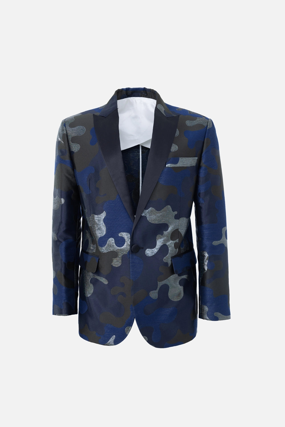 Pre-owned Dsquared2 men's blazer in navy camouflage, front view, satin shawl lapels and one-button closure