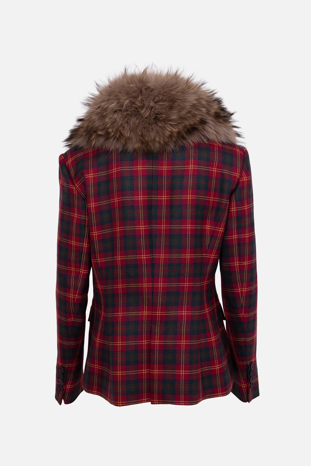 Pre-owned Redemption women's blazer in red tartan, back view, fox-fur collar and buttoned sleeve cuffs.