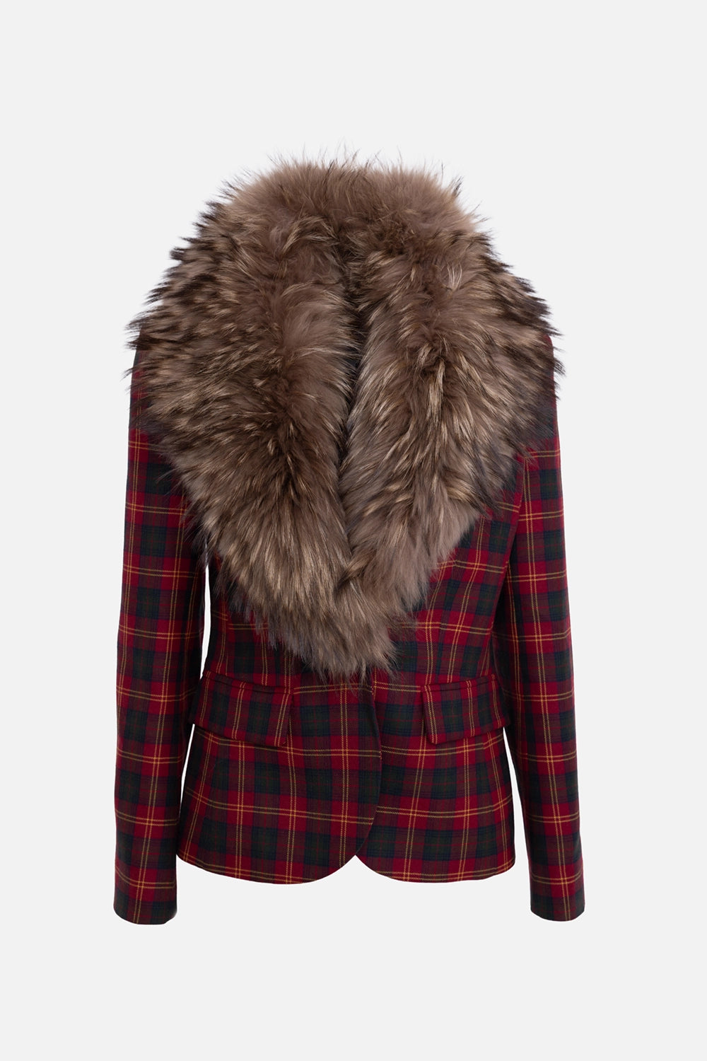 Pre-owned Redemption women's blazer in red tartan, front view, fox-fur shawl collar and flap pockets.