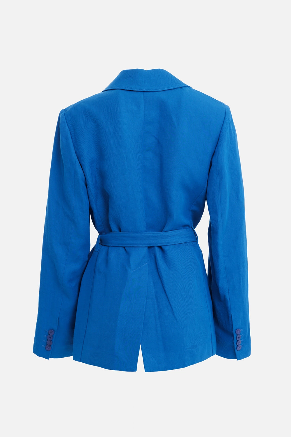 JOSEPH women's blazer in Siam Blue, back view with waist belt, back vent and buttoned cuffs