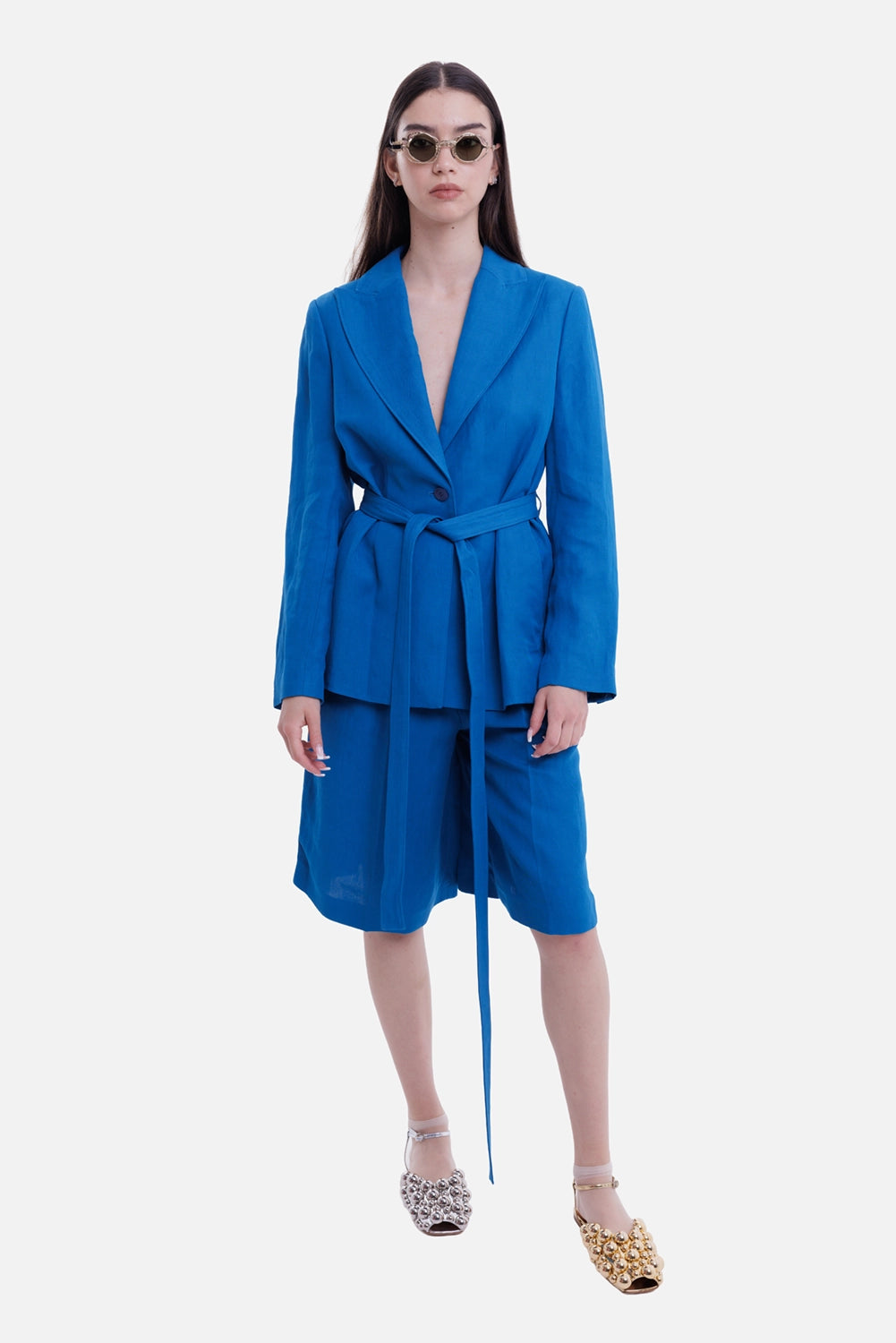 JOSEPH women's blazer in Siam Blue, on-model full-length view with self-tie belt and single-button front