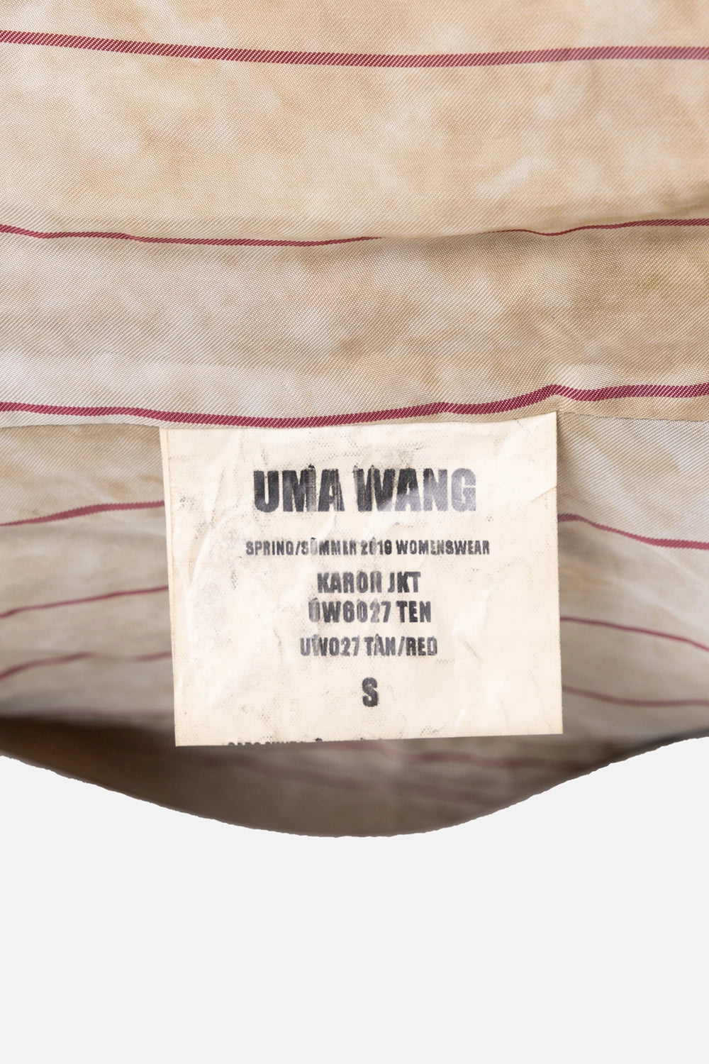 Pre-owned Uma Wang women’s blazer in tan/red, label view, spring/summer 2010 tag and size S