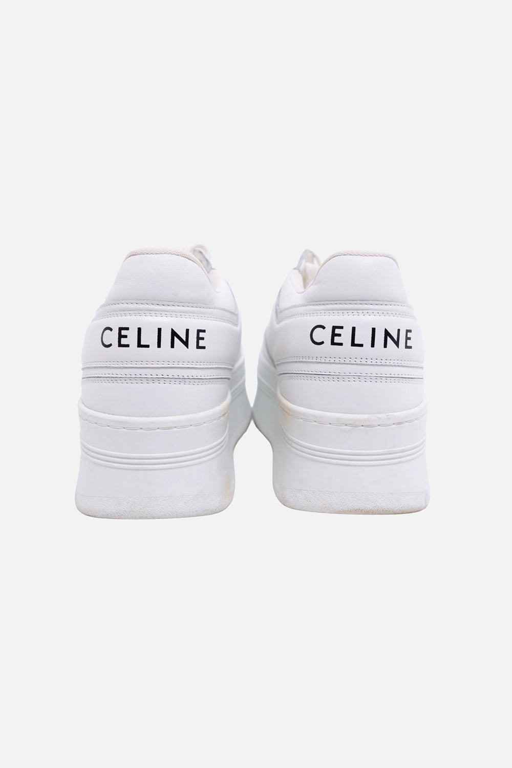 Pre-owned Celine women's block sneakers in white, back view, logo heel print and chunky platform sole
