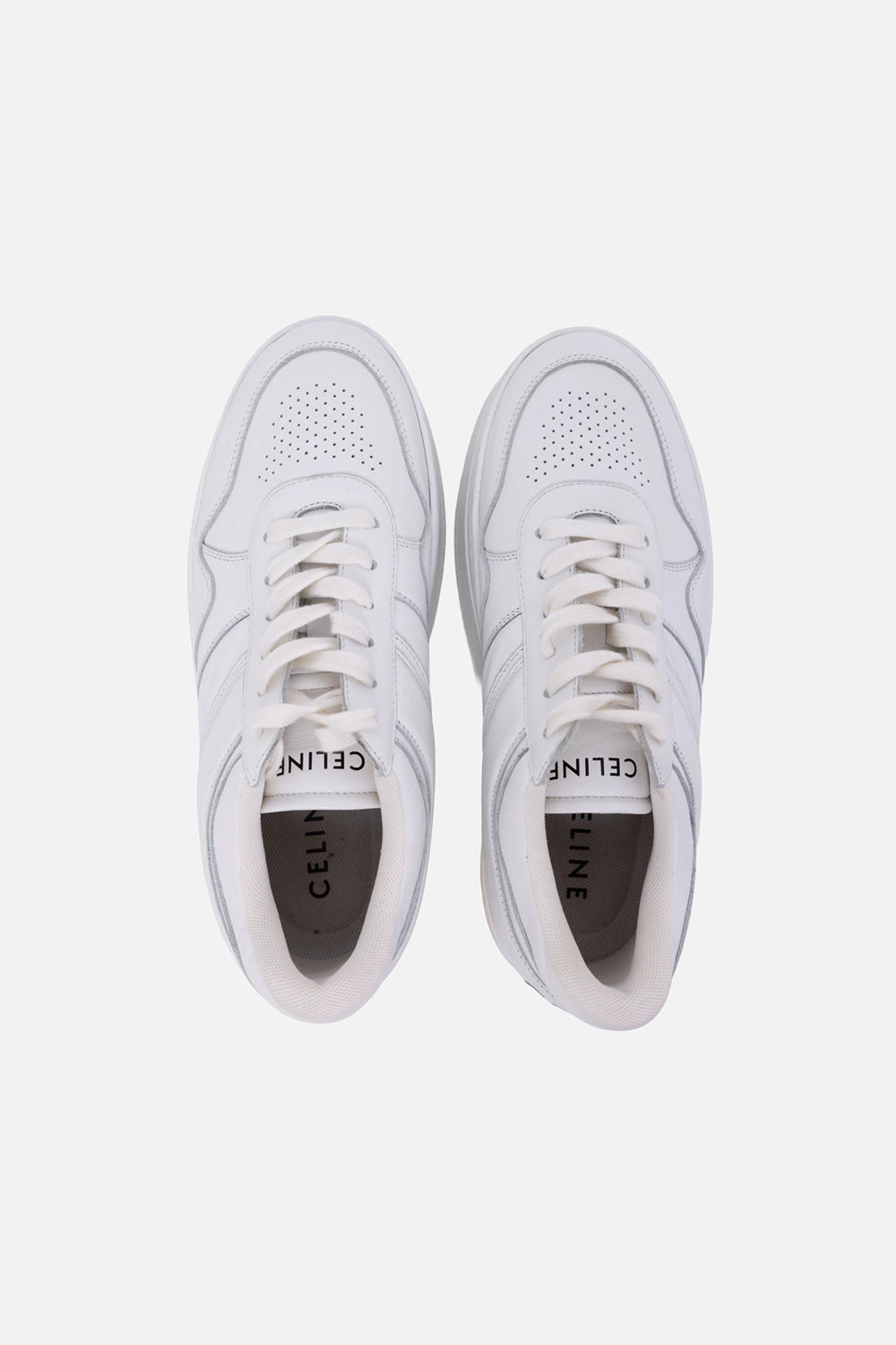 Pre-owned Celine block sneakers in white, top view, white laces and perforated toe panels
