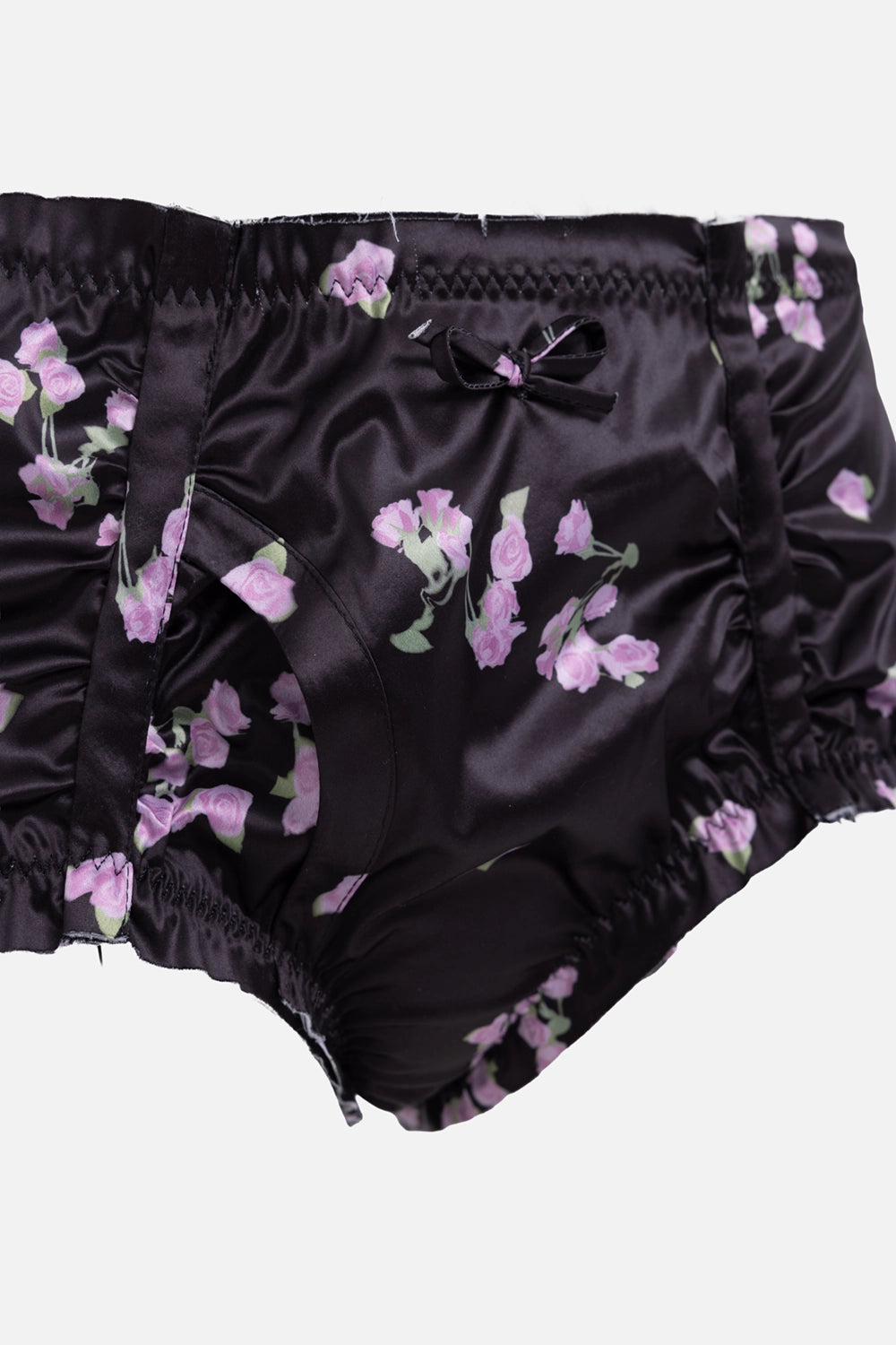 Natasha Zinko women’s bloomers in black, front view, ruched side panels with pink rose print