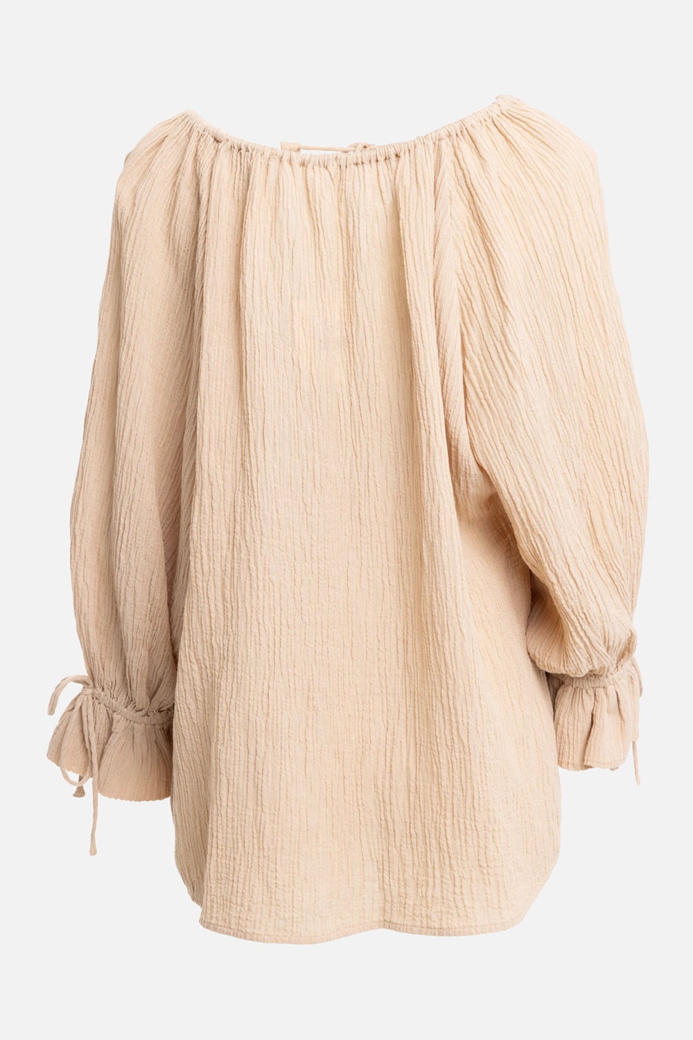 By Malene Birger women's blouse in dark sand, back view with gathered neckline and voluminous sleeves