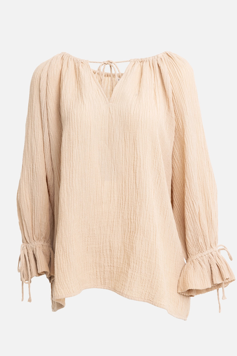 By Malene Birger women's blouse in dark sand, front view with deep V neck, tie closure and ruffled cuffs