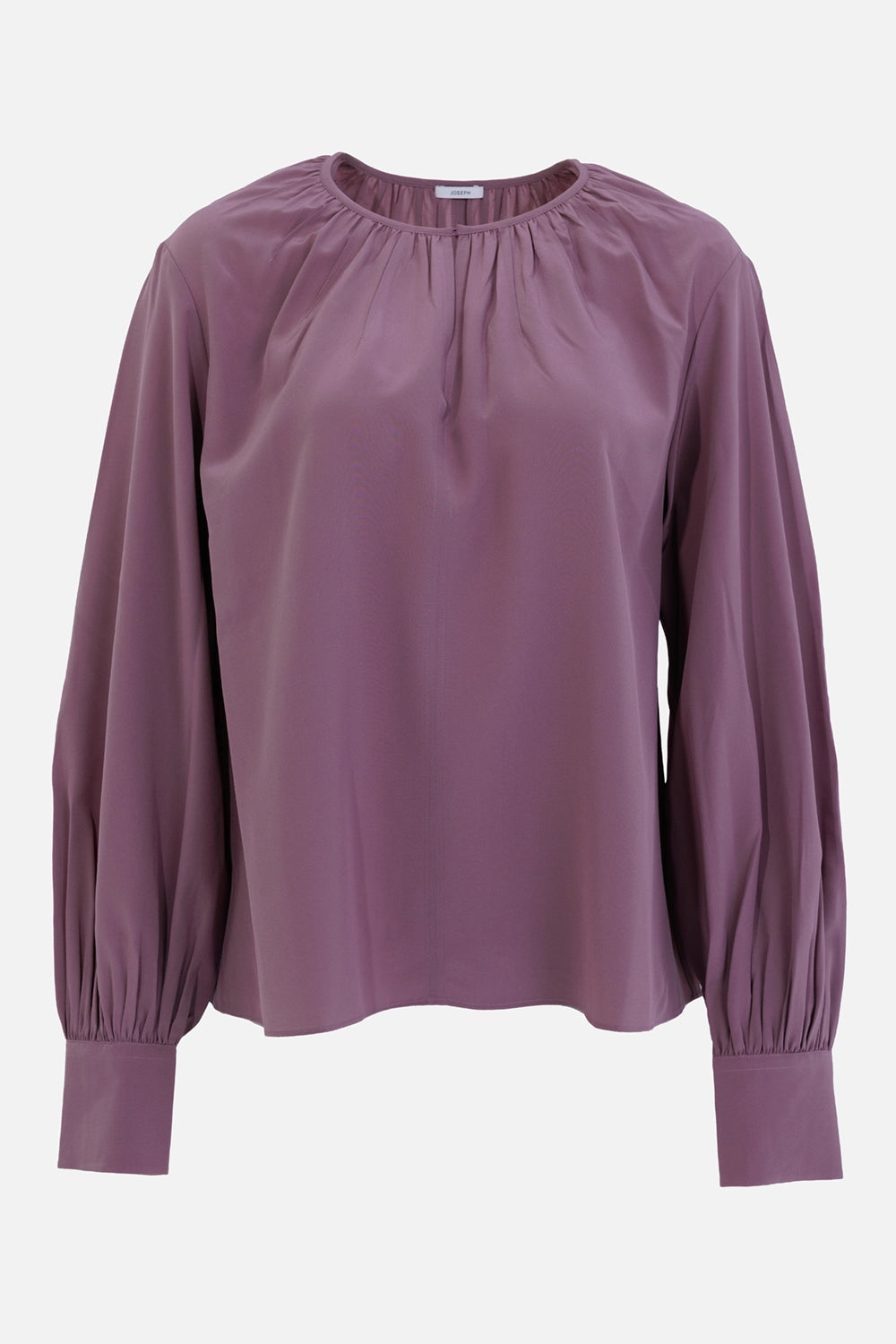 Joseph women's silk blouse in Lilac, front view, gathered round neck, keyhole opening and buttoned cuffs