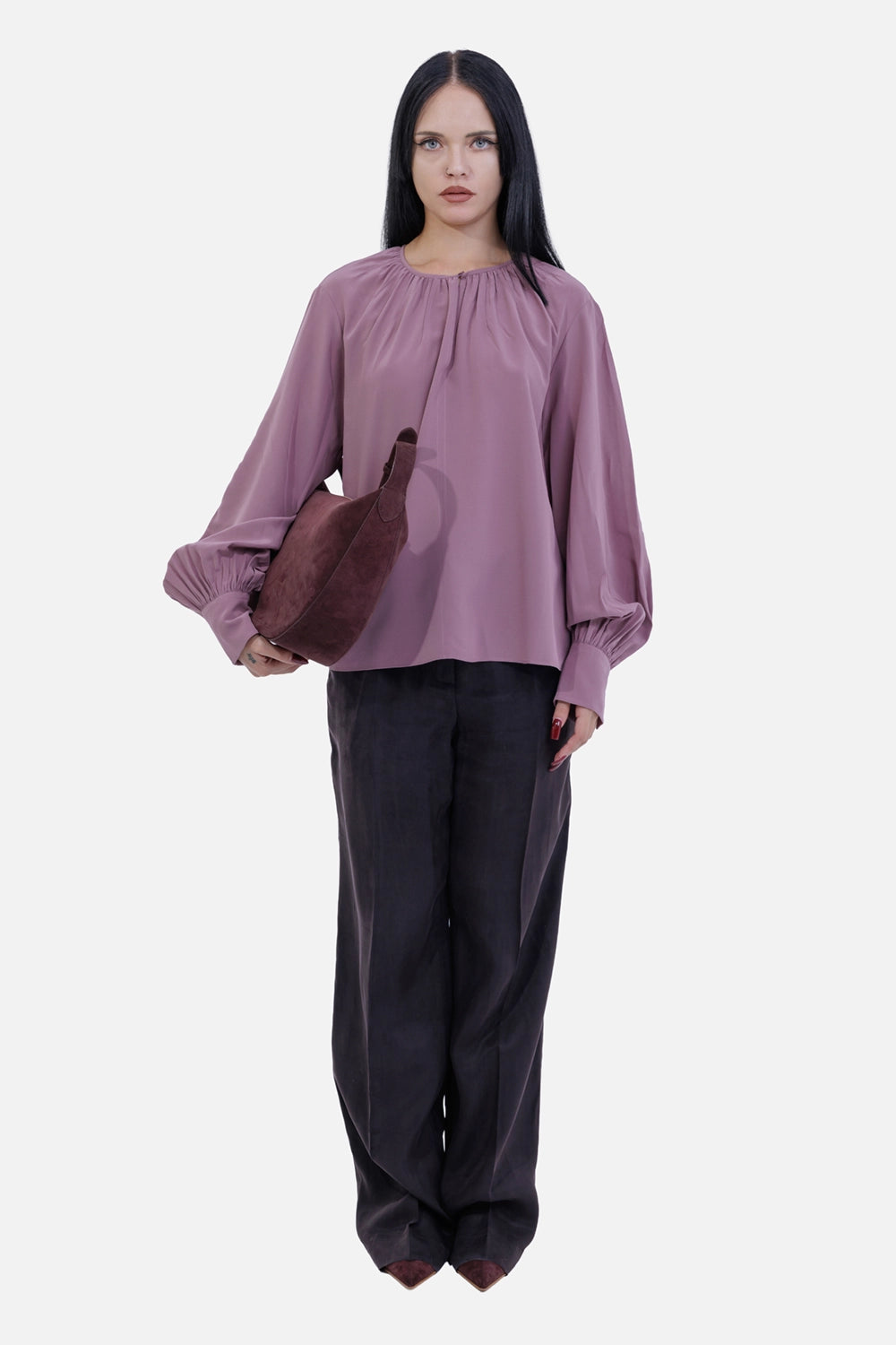 Joseph women's silk blouse in Lilac, full-length model view, relaxed fit with gathered neckline