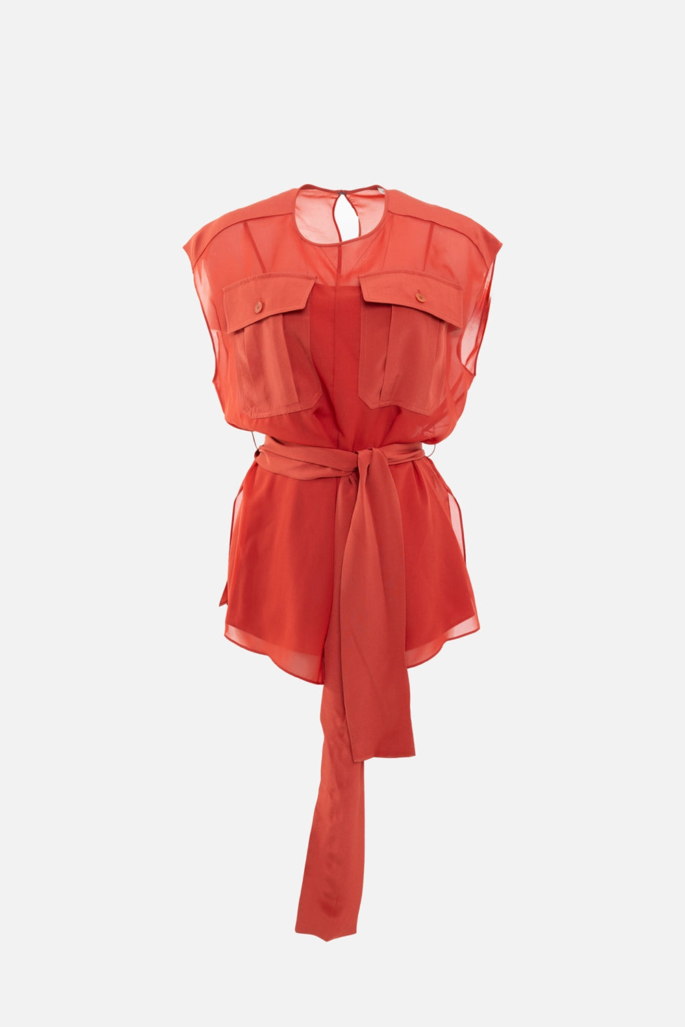 JOSEPH womens blouse in spice, front view, sheer silk chiffon with dual flap pockets and long self-tie belt