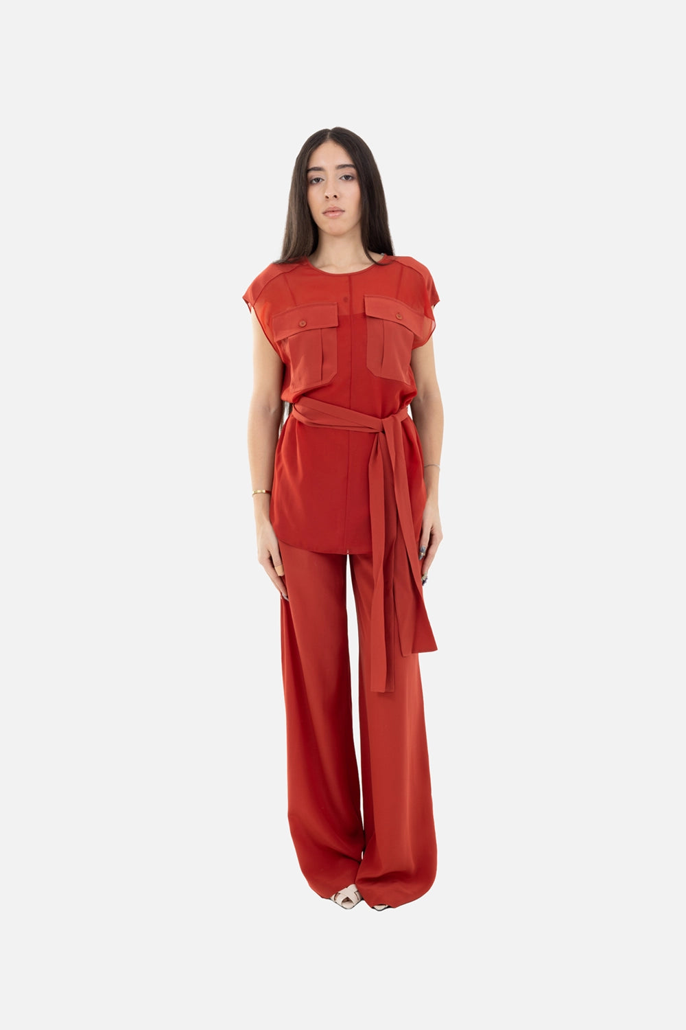 JOSEPH womens blouse in spice, on-model full-length, sheer cap sleeves with tie belt and flap chest pockets