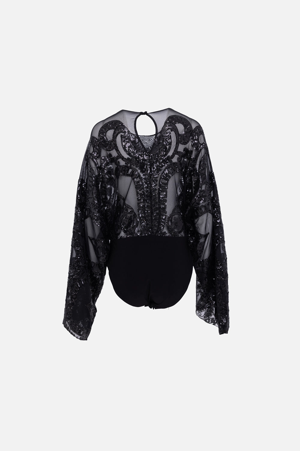 Norma Kamali women’s bodysuit in black, back view, keyhole button closure with semi-sheer sequin mesh