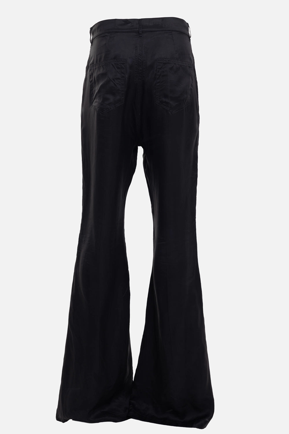 Rick Owens men's Bolan Bootcut jeans in Black, back view with patch pockets and floor-length flared hems