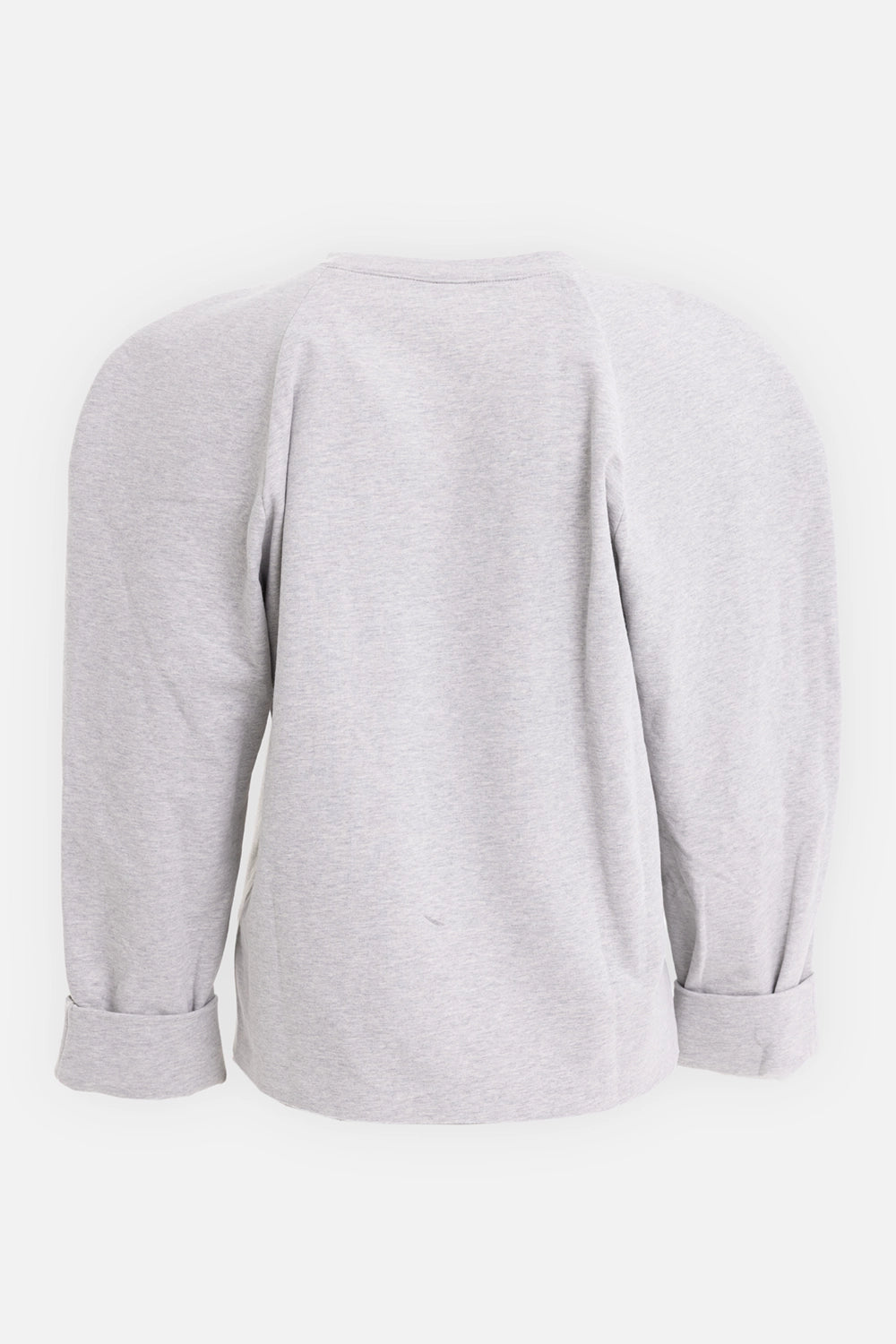 Norma Kamali women's sweatshirt in light heather grey, back view, raglan seams and cuffed sleeves
