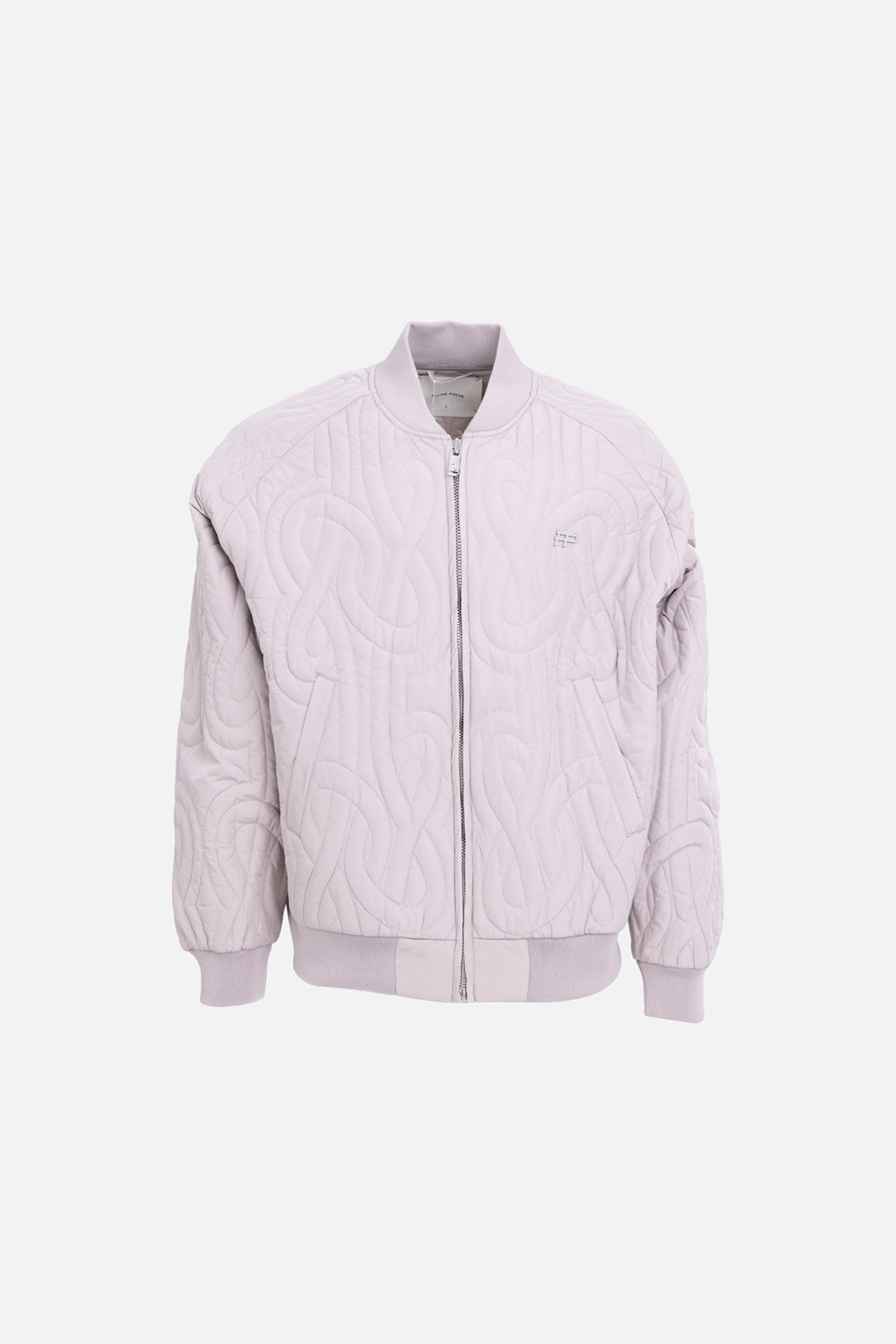 Filling Pieces unisex quilted bomber jacket in Atmosphere, front view, silver zip front and tonal FP chest logo