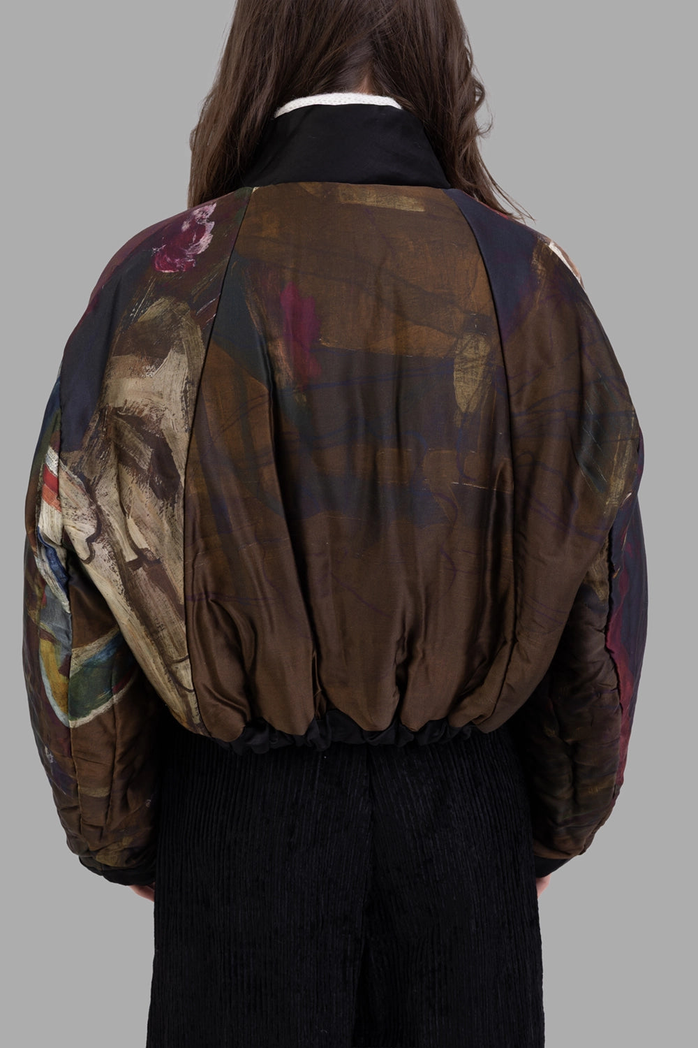 Masnada women's reversible bomber jacket in multicolor print, back view, ruched hem and abstract florals