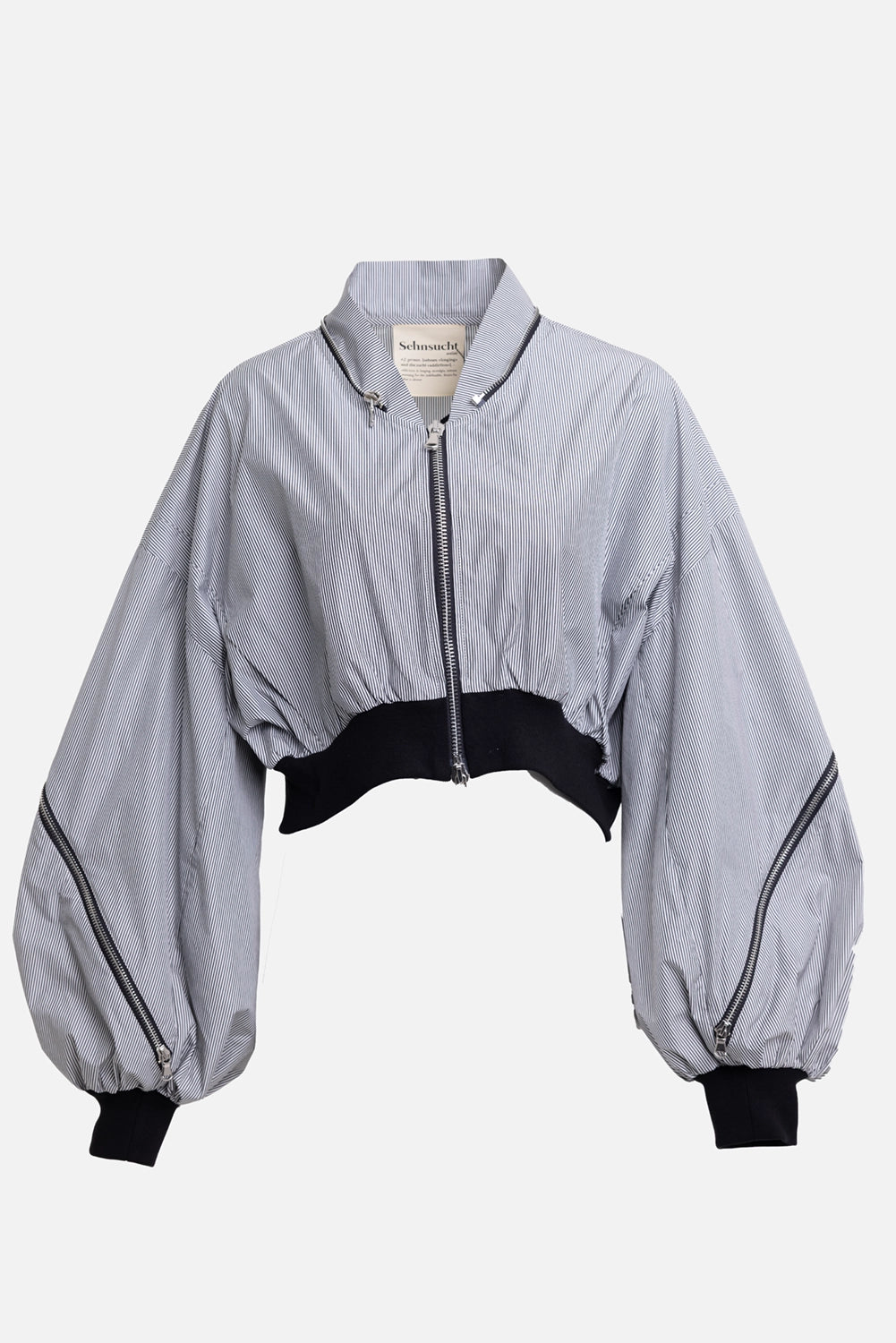 Sehnsucht Atelier women's bomber jacket in black/white, front view, stand collar and oversized sleeves
