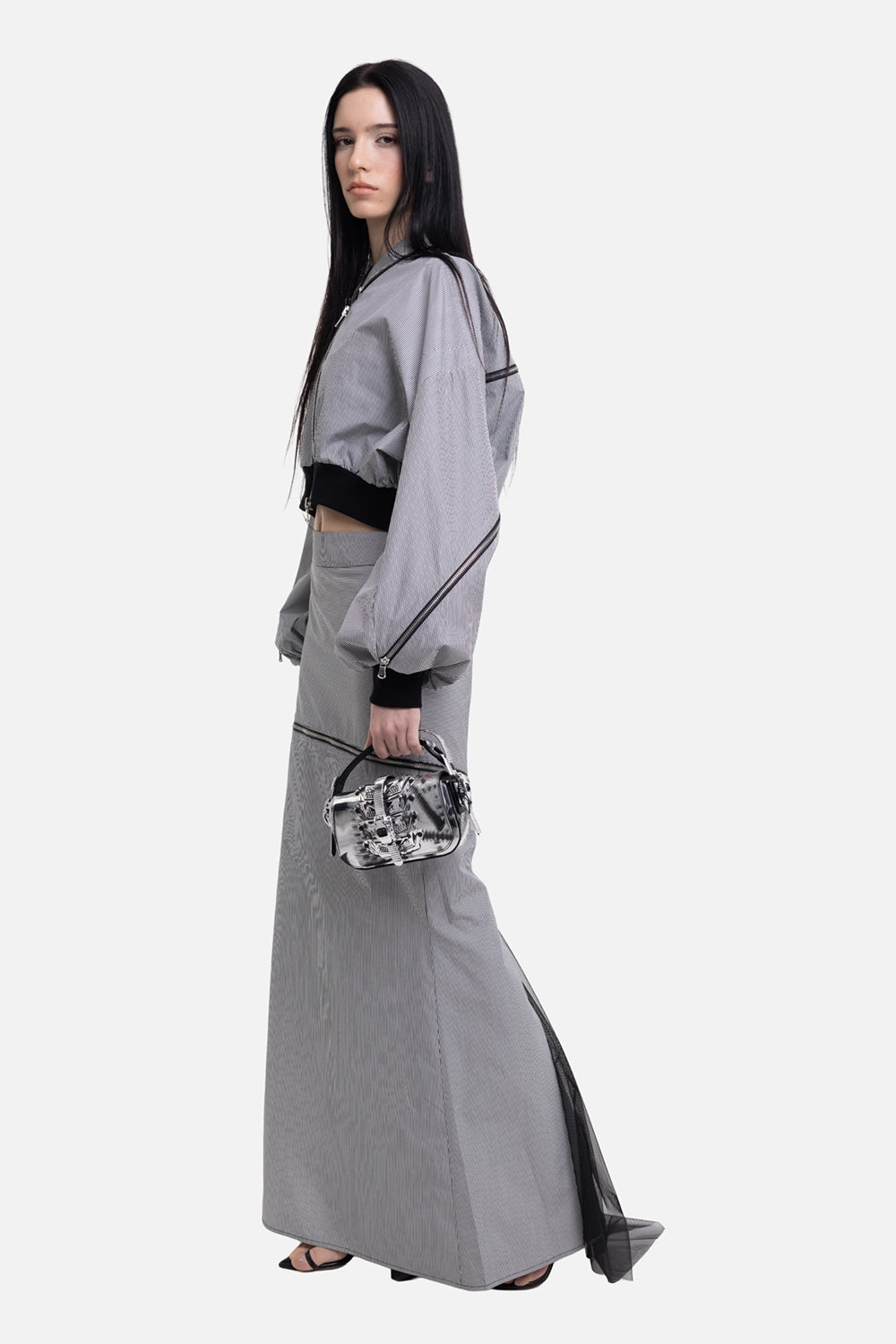 Sehnsucht Atelier women's bomber jacket in black/white, on-model full length, cropped fit and two-way zip
