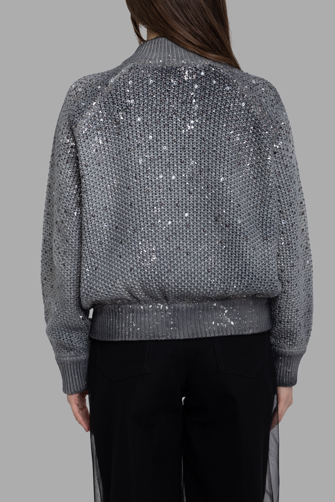 Avant Toi women's grey bomber jacket, back view, sequin-knit texture with ribbed waistband and cuffs.