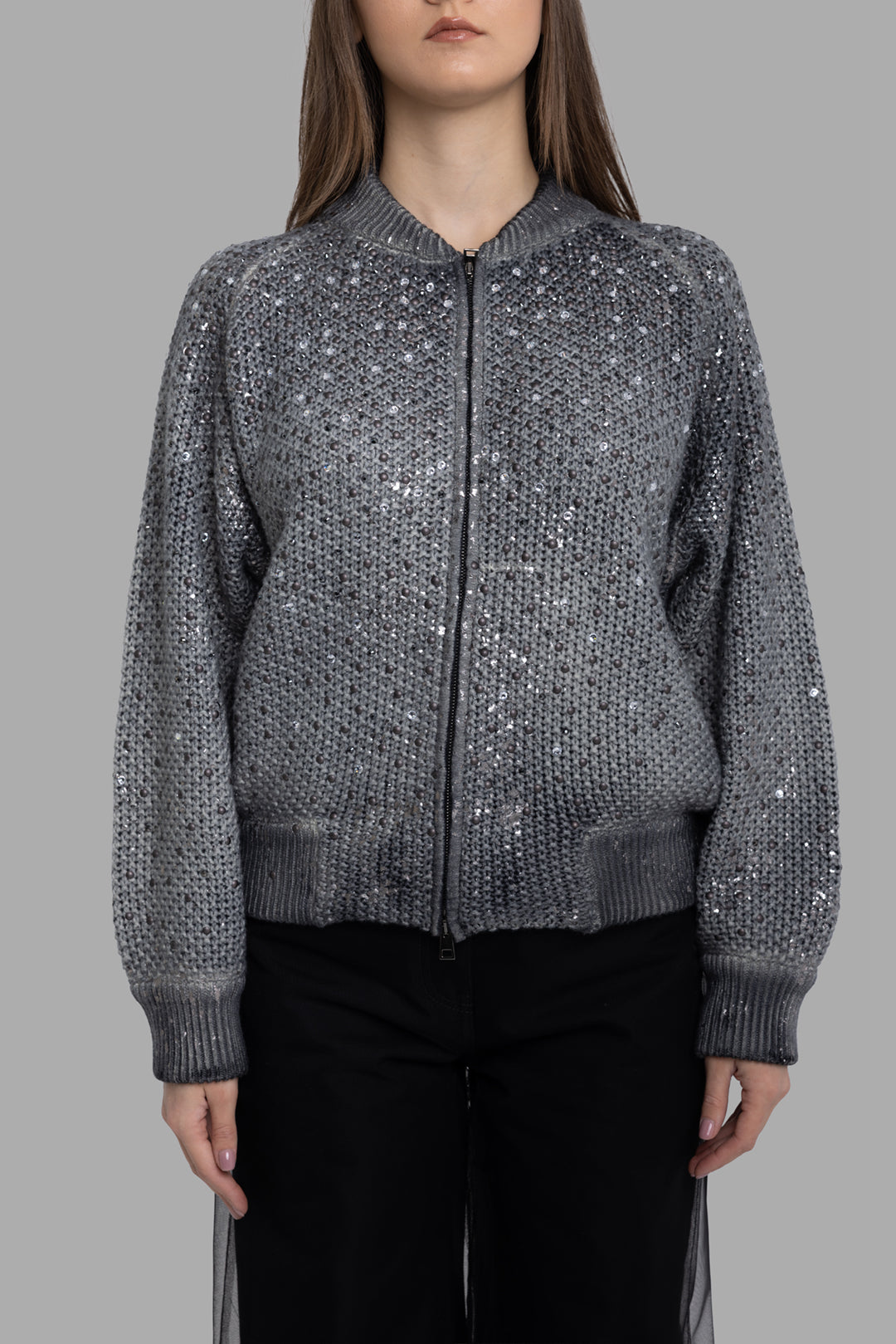 Avant Toi women's grey bomber jacket, front close-up, zip-through sequin knit with soft raglan shoulders.