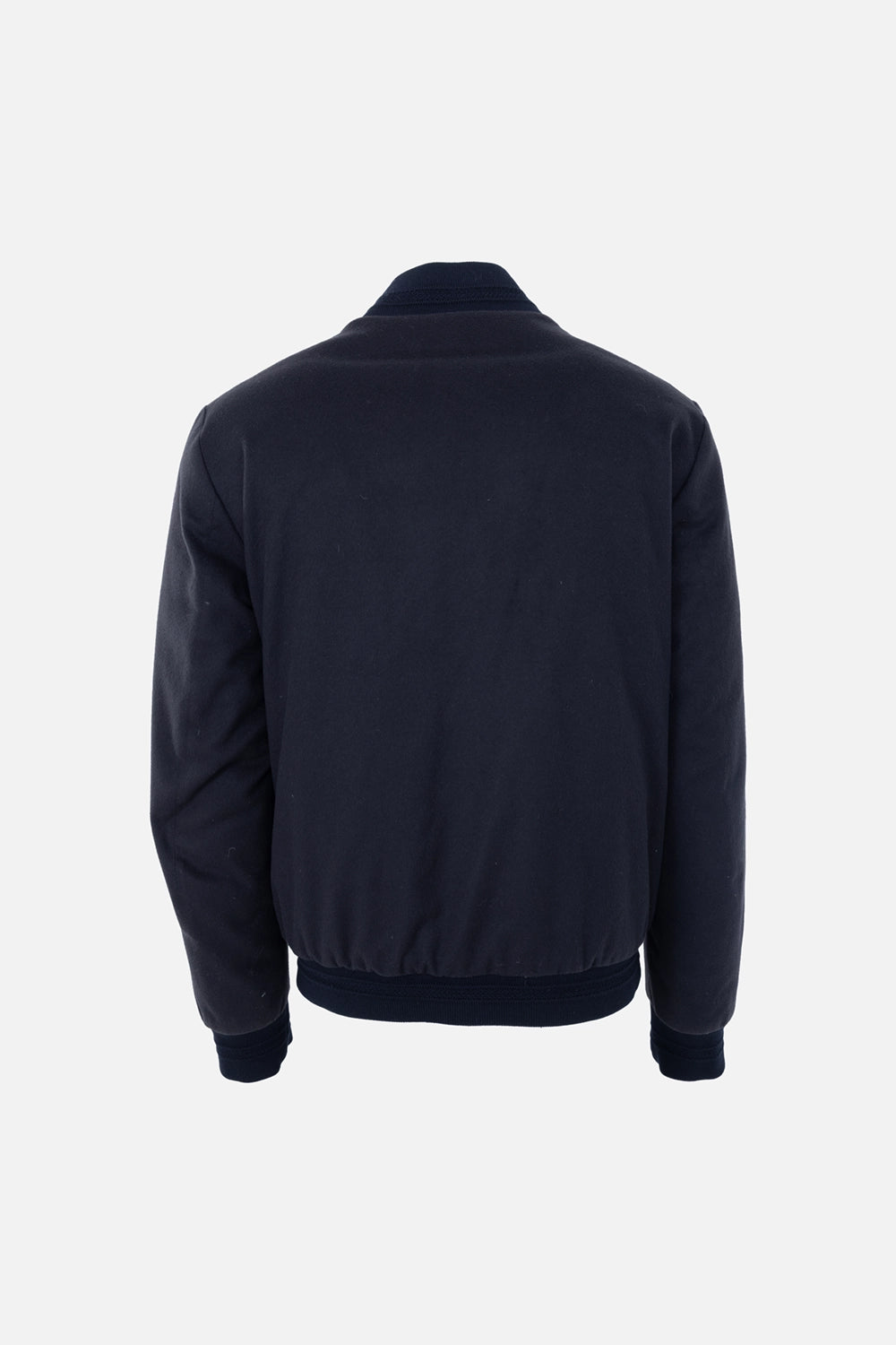 Pre-owned Etro men's bomber jacket in navy, back view, clean panel with rib-knit hem