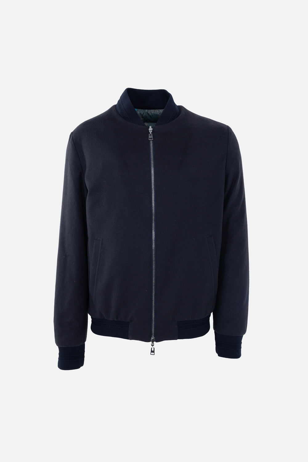 Pre-owned Etro men's bomber jacket in navy, front view, rib-knit collar with two-way zip