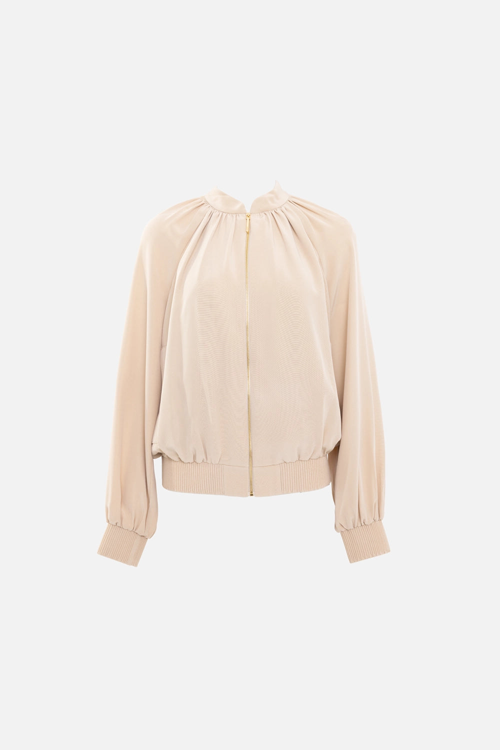 JOSEPH womens bomber jacket in powder, front view, gathered neckline with gold zipper closure