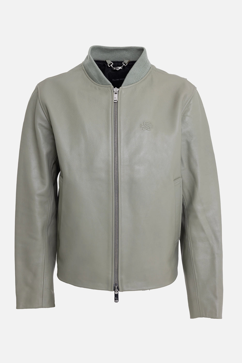 Filling Pieces unisex leather bomber jacket in tea, front view, silver two-way zip and debossed chest logo