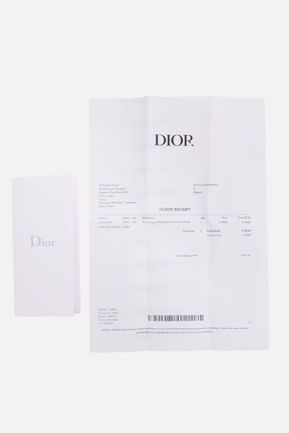 Pre-owned Dior book tote in latte and black, invoice view, Dior client receipt document