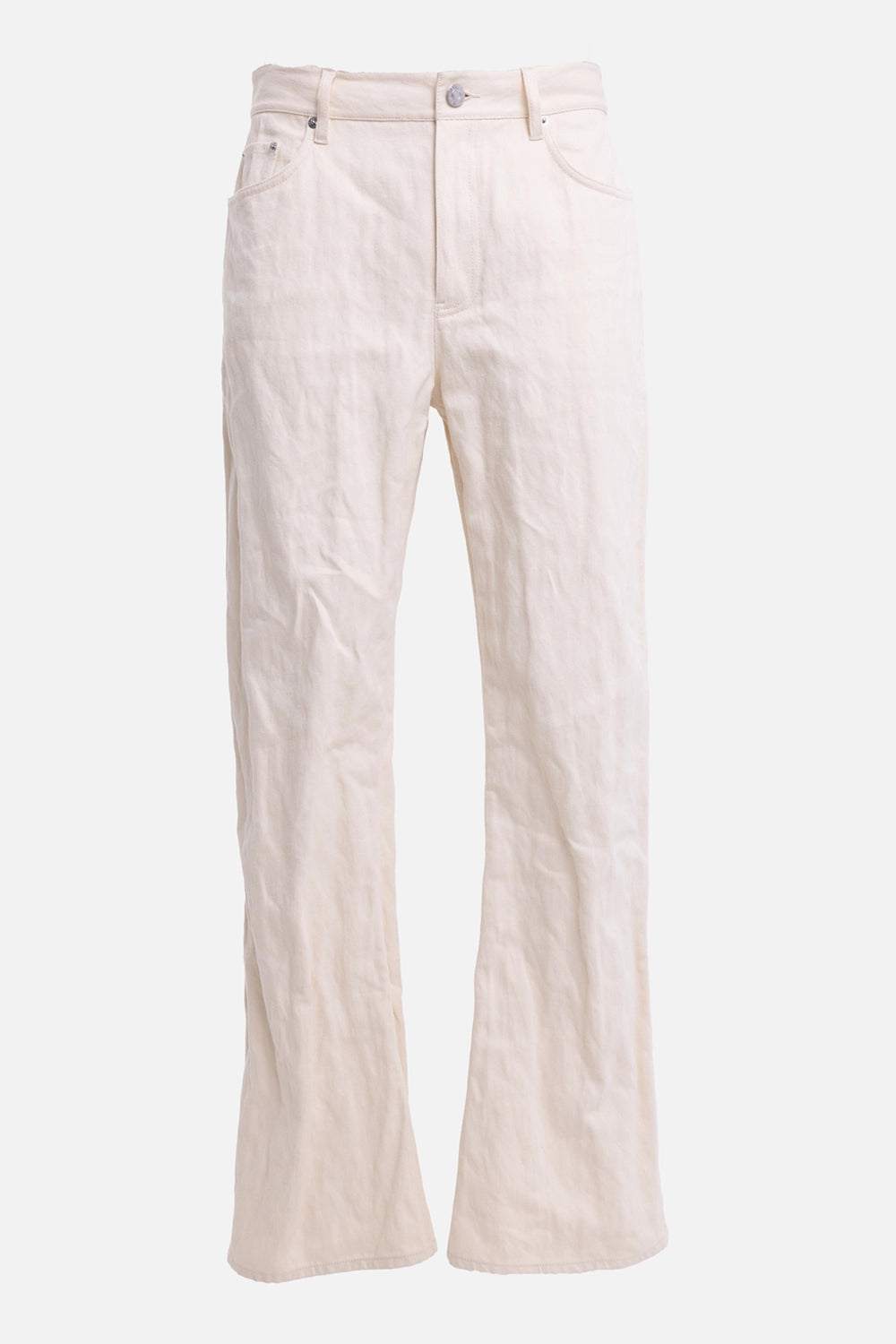Helmut Lang men's bootcut jeans in muslin, front view, five-pocket styling and slight bootcut hem