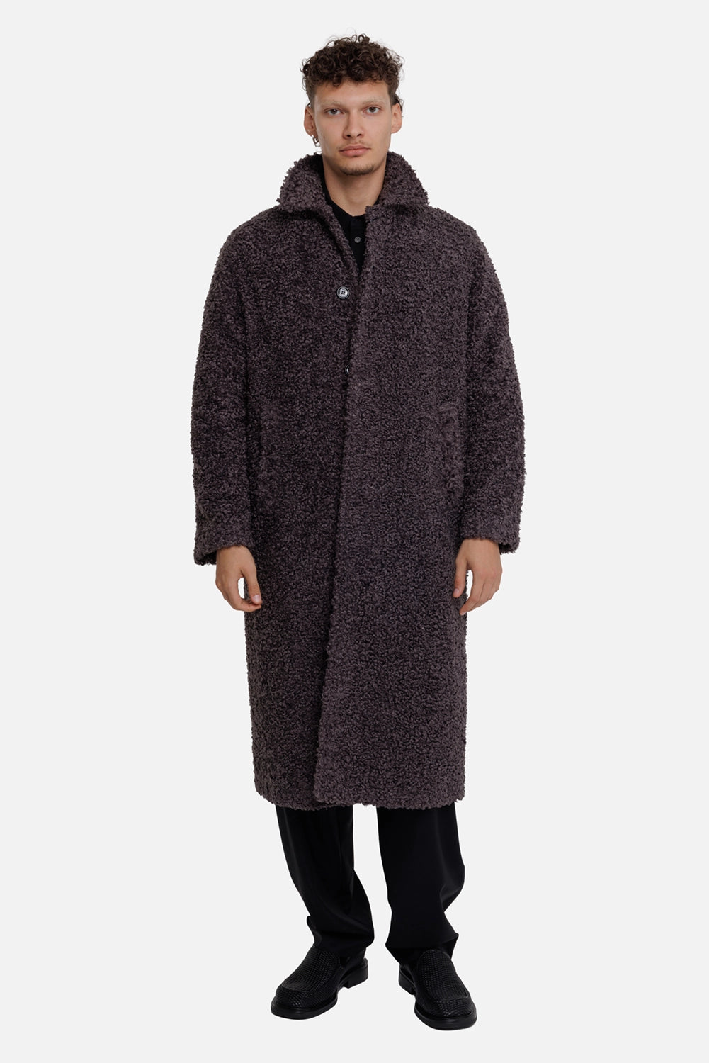 MSGM men's dark brown bouclé coat, full-length on-model view with classic collar and side slit pockets