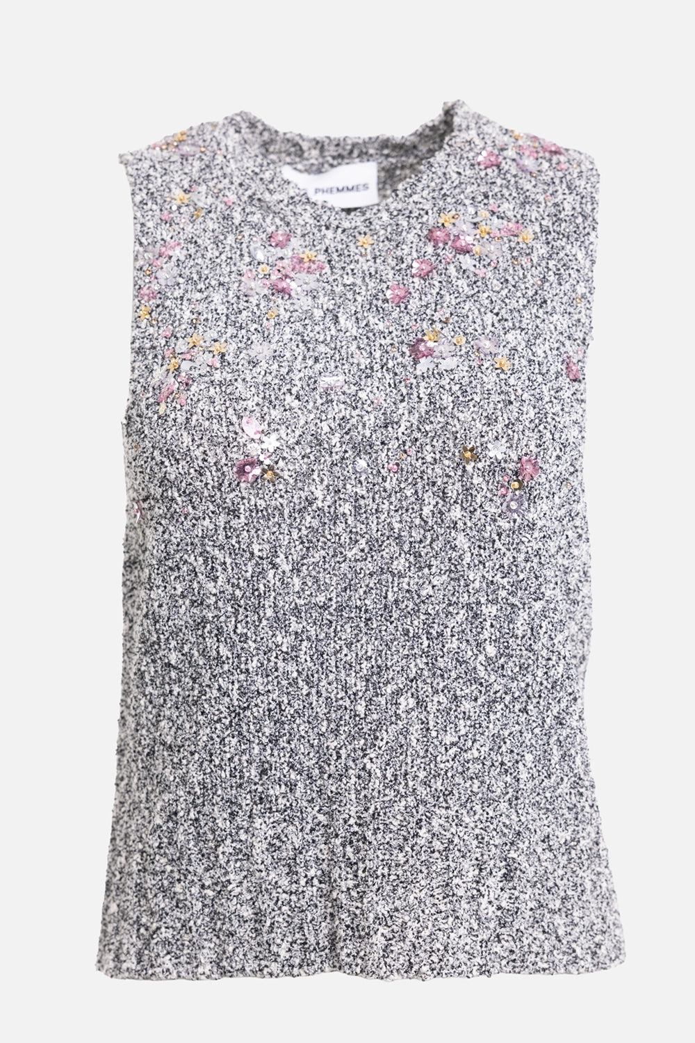 DES PHEMMES women's crop vest in black/vanilla, front view, bouclé knit and floral bead neckline