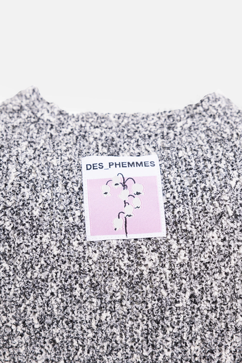 DES PHEMMES women's crop vest in black/vanilla, label detail, pink logo patch on bouclé knit
