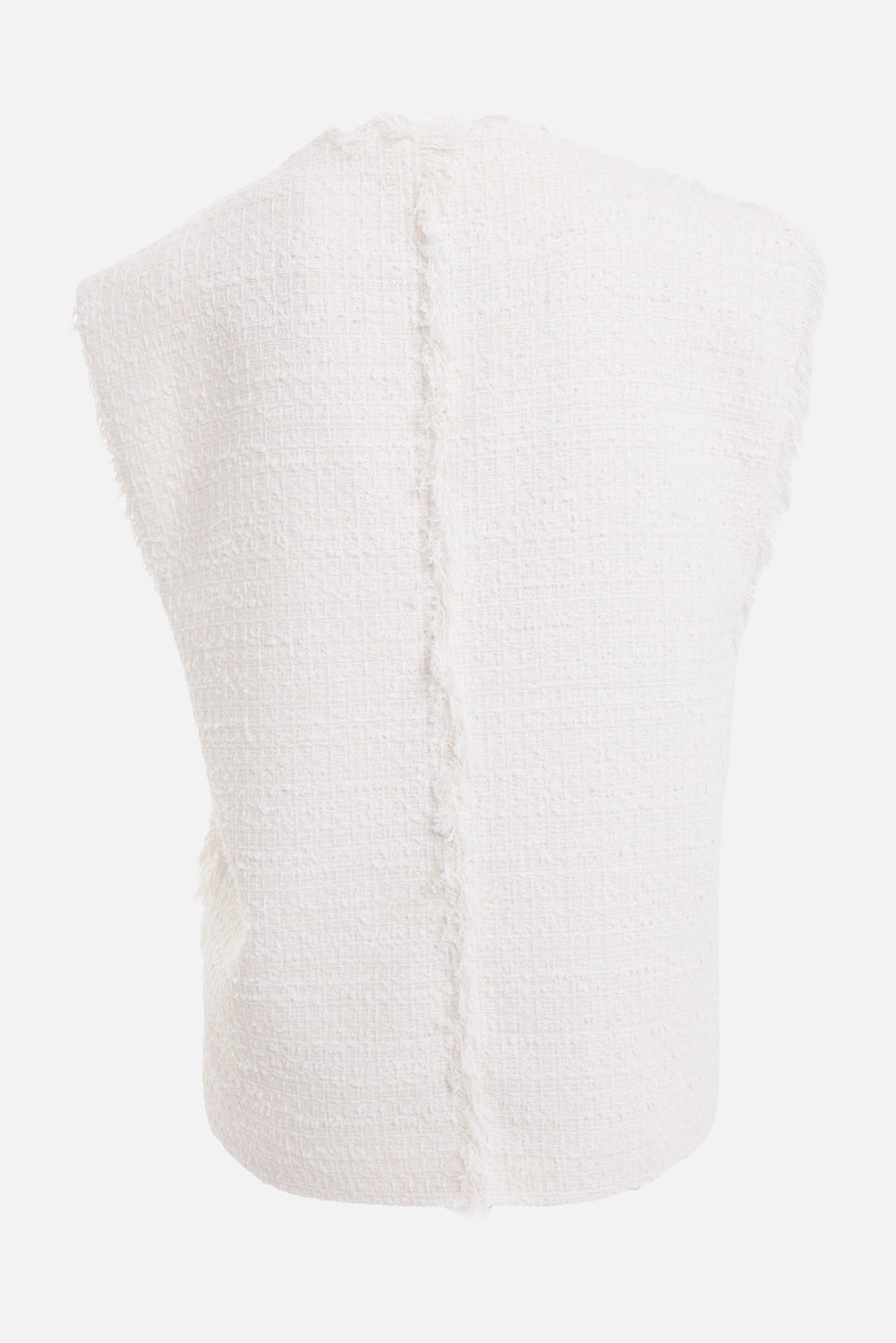MSGM women's tweed-effect vest in off-white, back view with sleeveless cut and frayed center seam