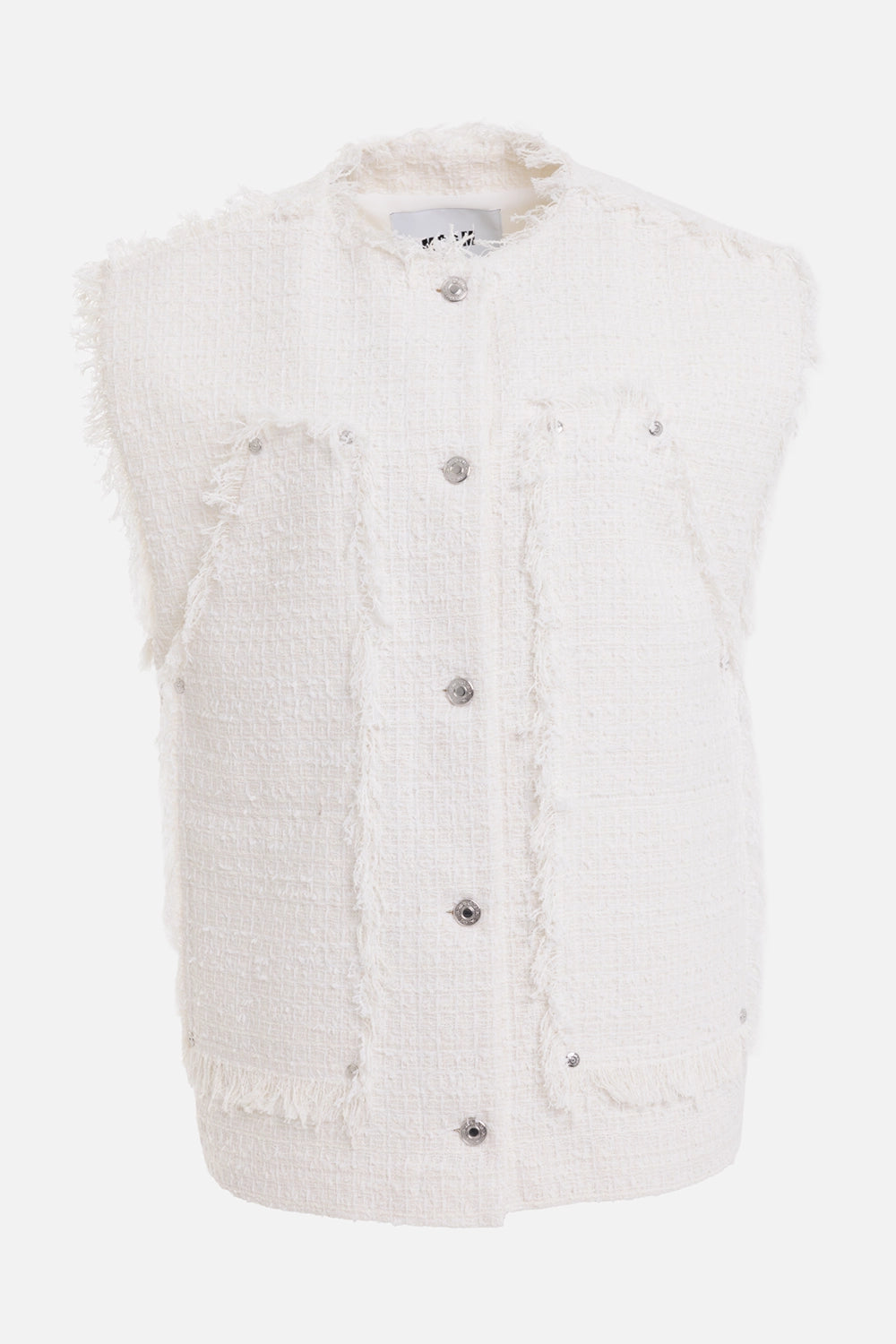 MSGM women's tweed-effect vest in off-white, front view with metal buttons and riveted patch pockets