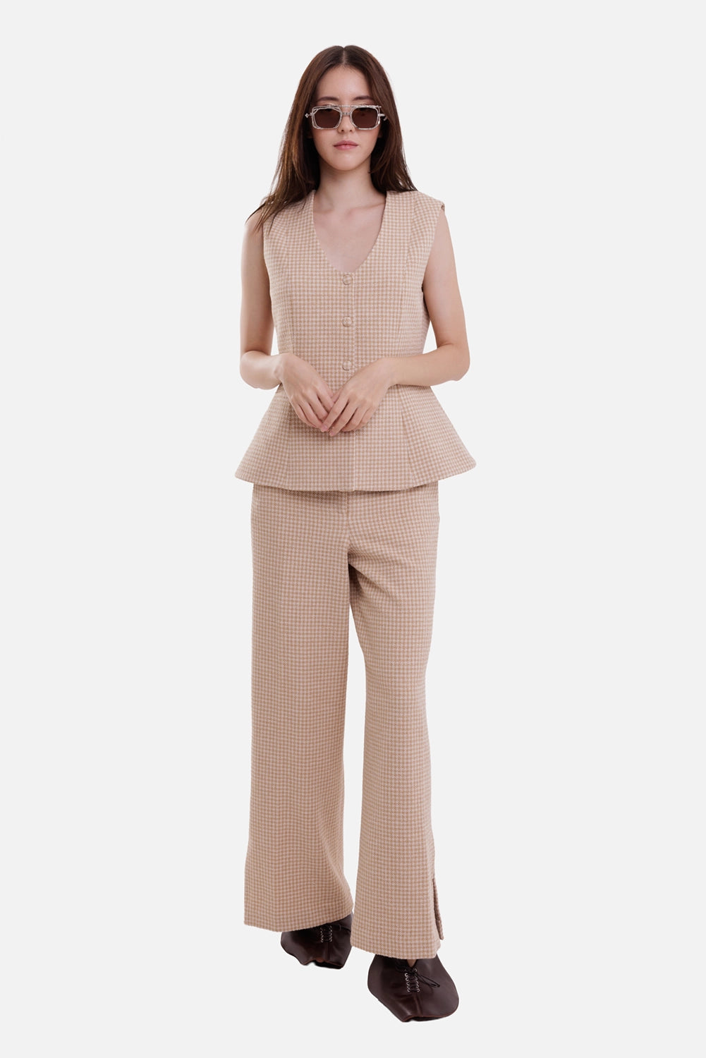 By Malene Birger women's beige houndstooth bouclé waistcoat, full-length on-model view with flared peplum hem