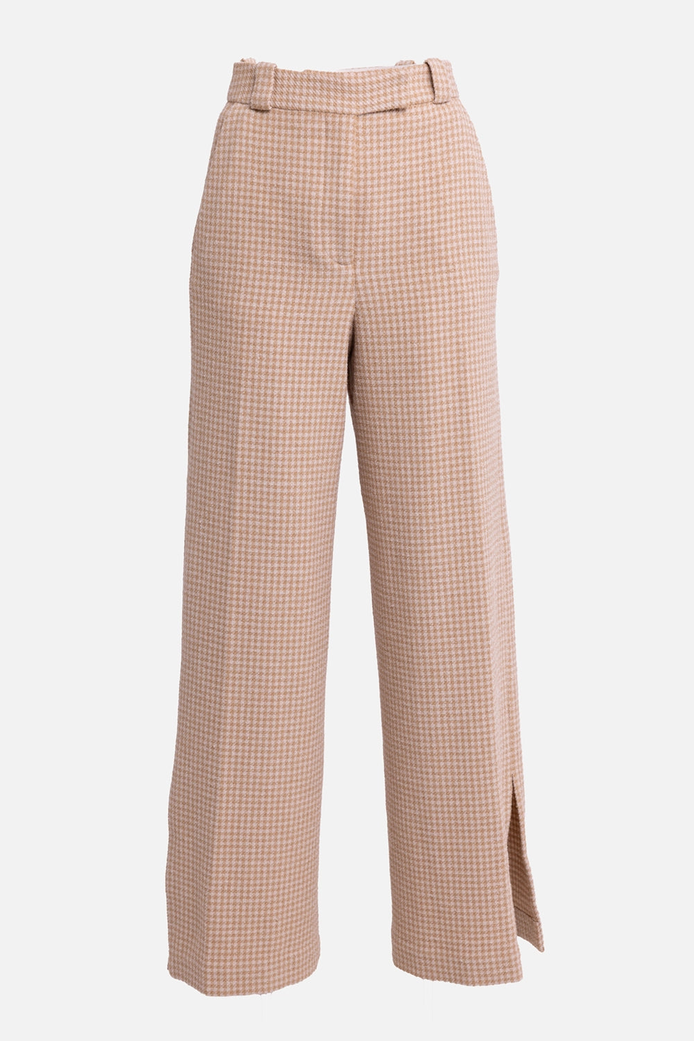 By Malene Birger women's bouclé trousers in beige houndstooth, front view with belt loops and side hem slits