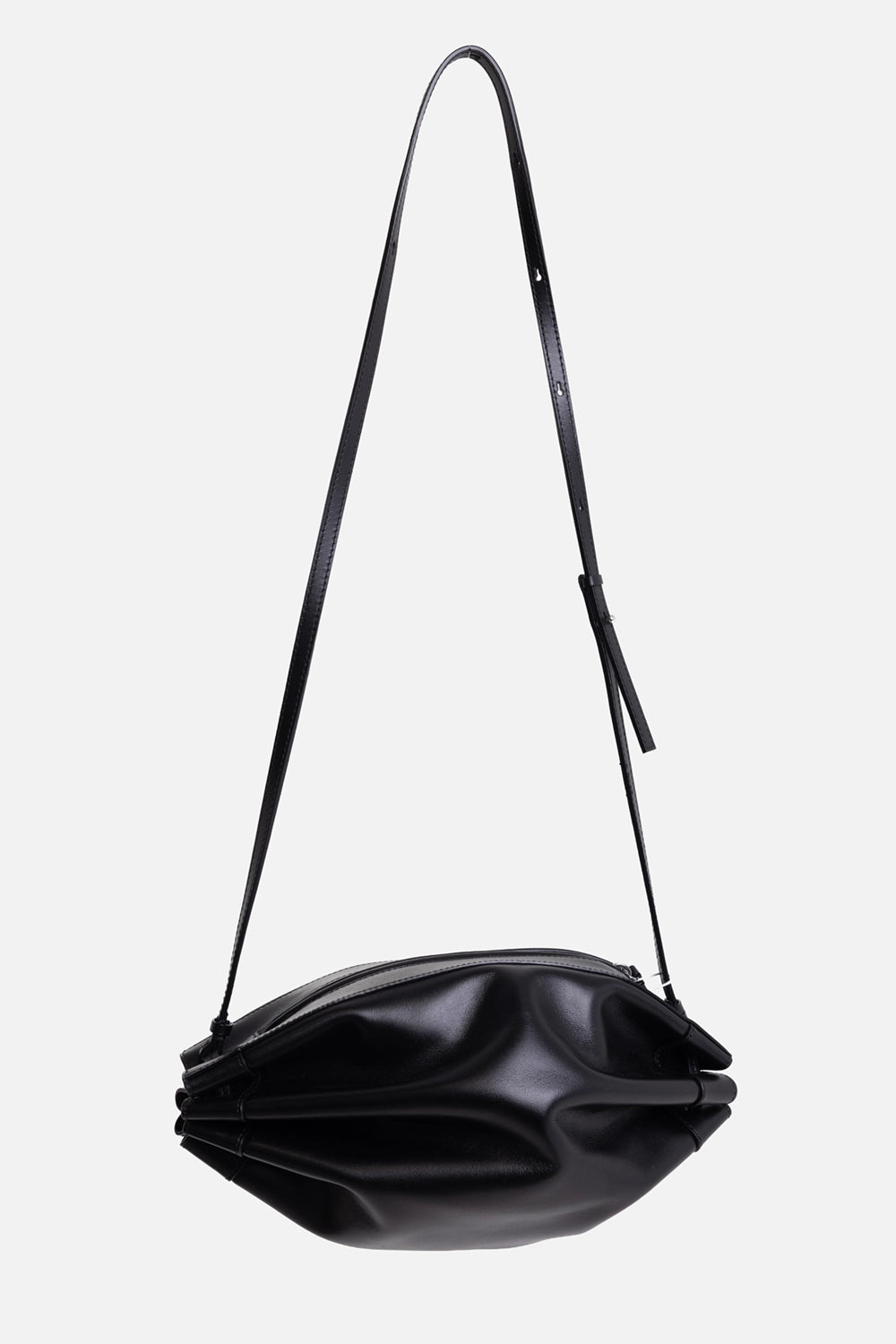 Helmut Lang women's shoulder bag in black, bottom view, sculpted folded side gussets and slim strap