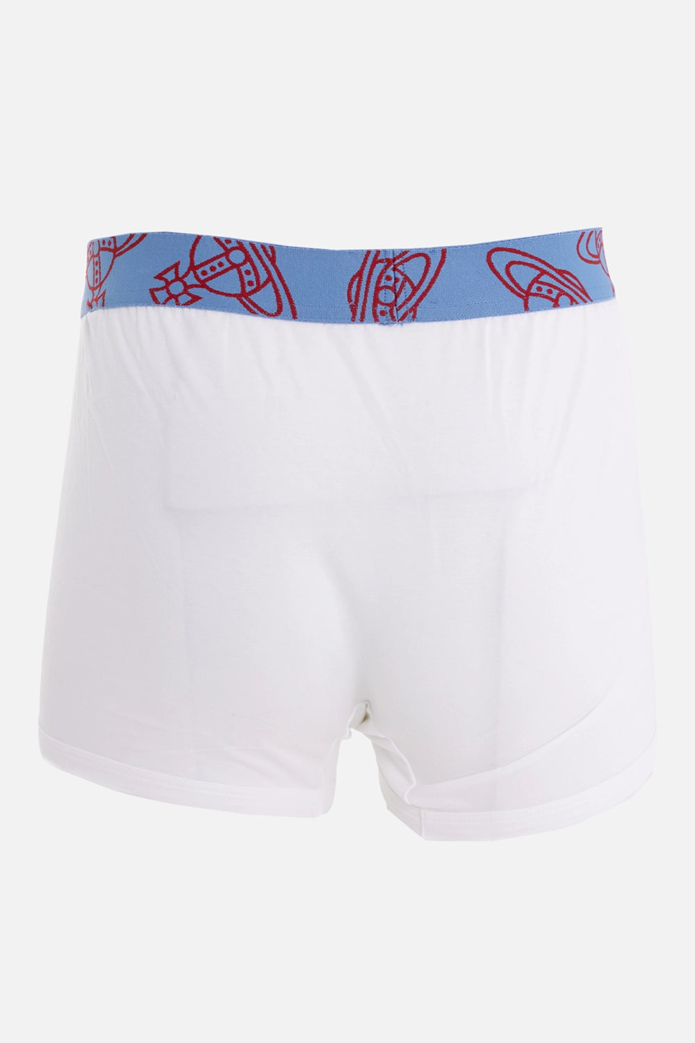Vivienne Westwood men's white boxer briefs, back view, blue Orb waistband and clean rear panel