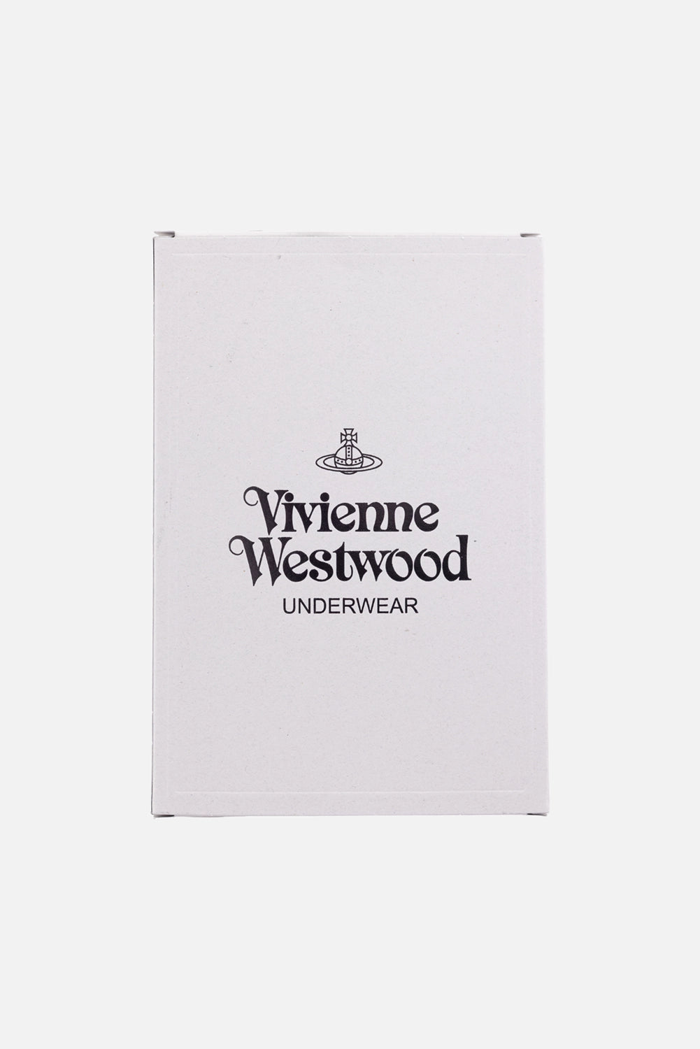 Vivienne Westwood men's white boxer briefs, box front view, white Underwear packaging with black logo
