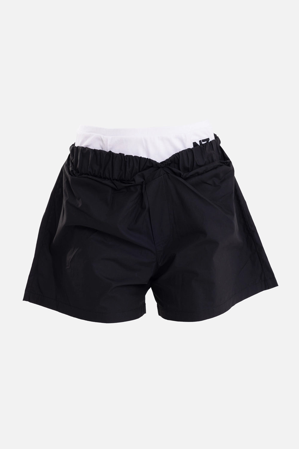 Natasha Zinko unisex boxer shorts in black, front view, white exposed waistband and gathered top edge