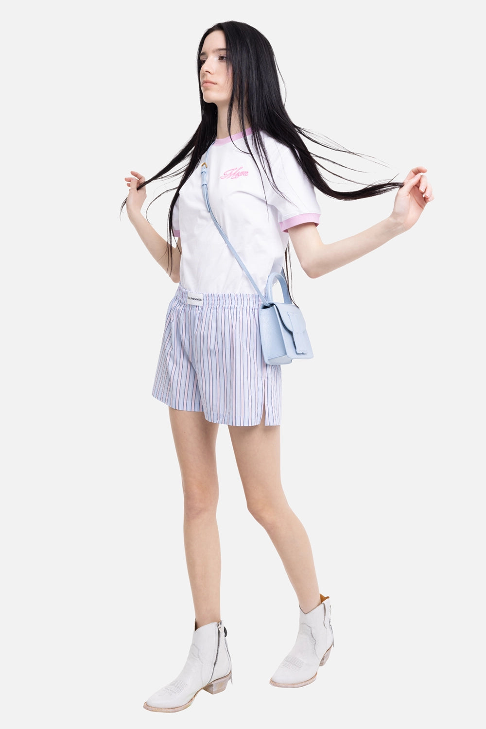 DES PHEMMES women's boxer shorts in blueberry, on-model full length, elastic waistband and pastel pinstripes