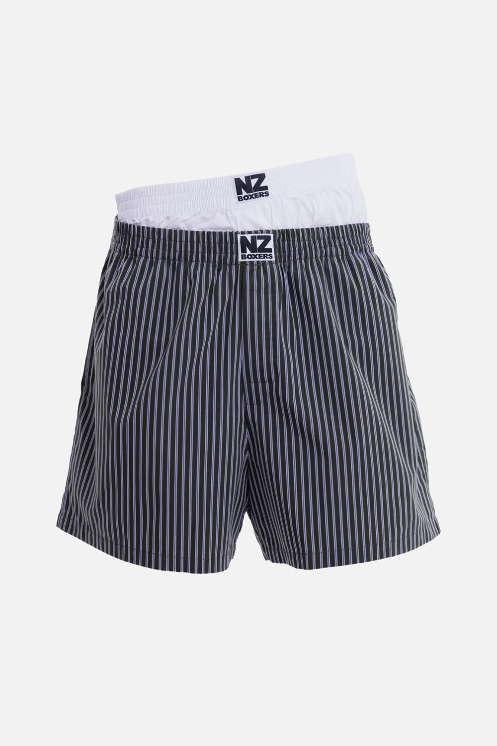 Natasha Zinko unisex green striped boxer shorts, front view with double waistbands and NZ logo patches