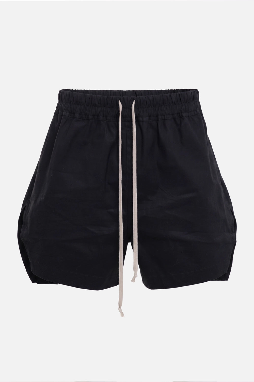 Rick Owens men's boxers shorts in black, front view, cream drawstring and side-slit hems