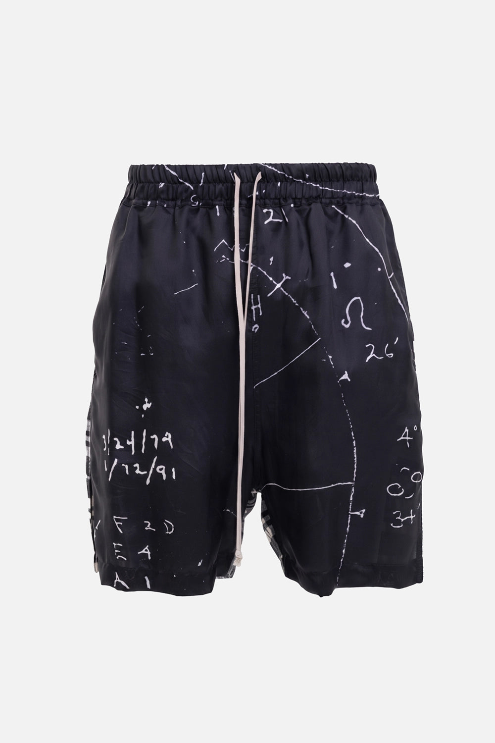 Rick Owens men's boxers shorts in black/milk/black plaid, front view, white astro graphics and long drawstring