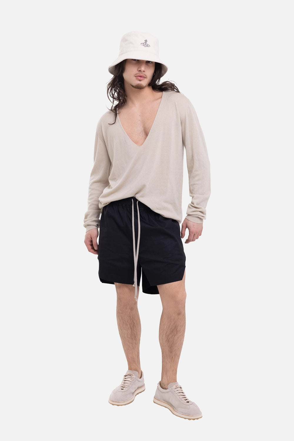 Rick Owens men's boxers shorts in black, on-model full-length view, long cream drawstring
