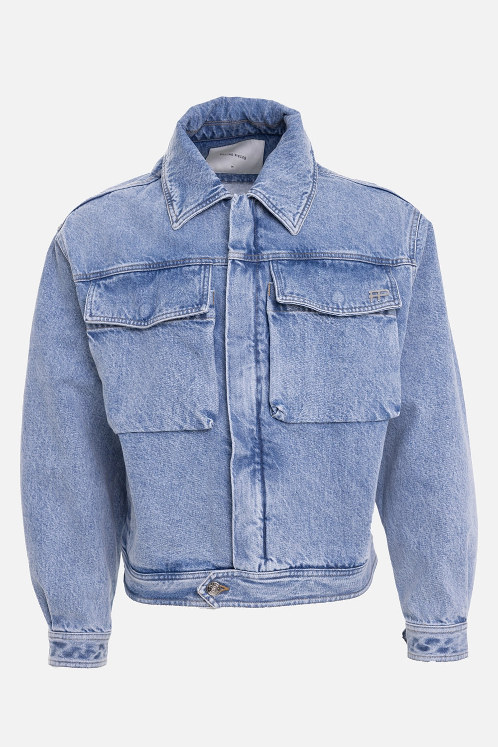 Filling Pieces unisex denim jacket in skyway, front view with pointed collar, flap pockets and FP metal pin