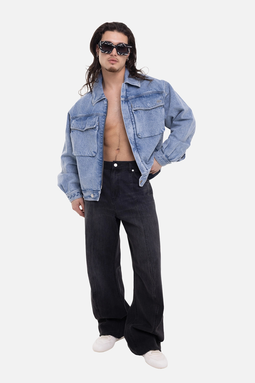 Filling Pieces unisex denim jacket in skyway, on-model full-length view with open front and flap chest pockets