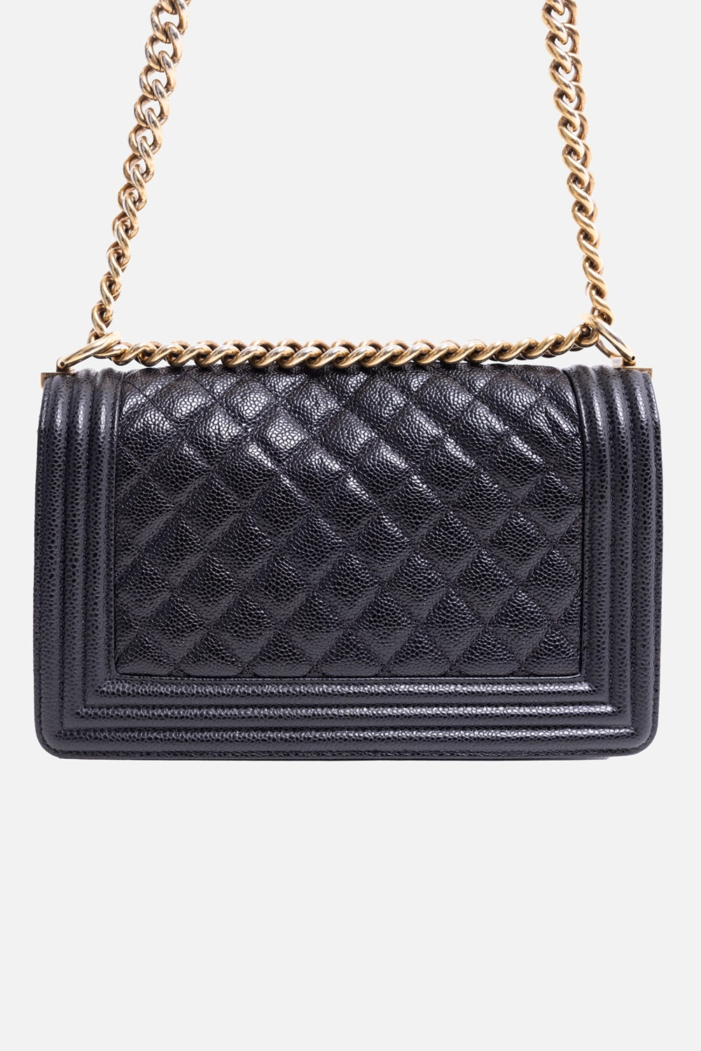 Pre-owned Chanel women's Boy Bag in black, back view, diamond quilting with framed border stitching