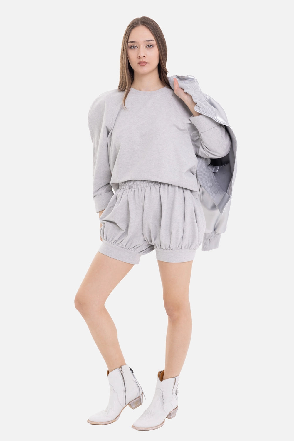 Norma Kamali women's Boyfriend Puff Shorts in Light Heather Grey, on-model full-length with side pockets